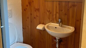 A wooden-paneled bathroom with a toilet, sink, and a window. - Apartment 'La Sétaz' with Mountain View, Private Terrace and Wi-Fi (Valloire)