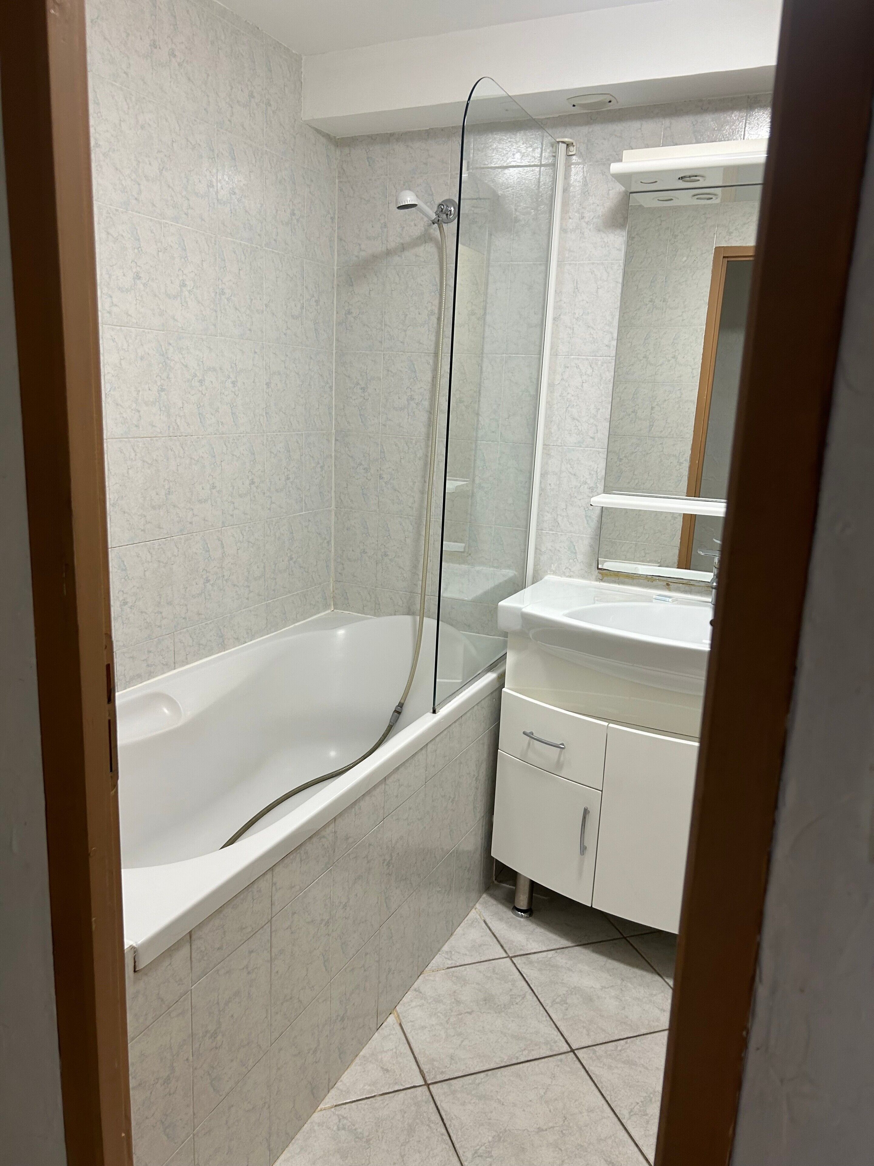Une salle de bain avec une baignoire, une douche, un lavabo et un miroir.