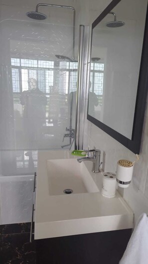 Hair dryer, towels, soap, toilet paper