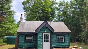 A small, green cottage with a white door and two windows, surrounded by trees and a grassy yard. - Green Cabin in the Woods (Irons)