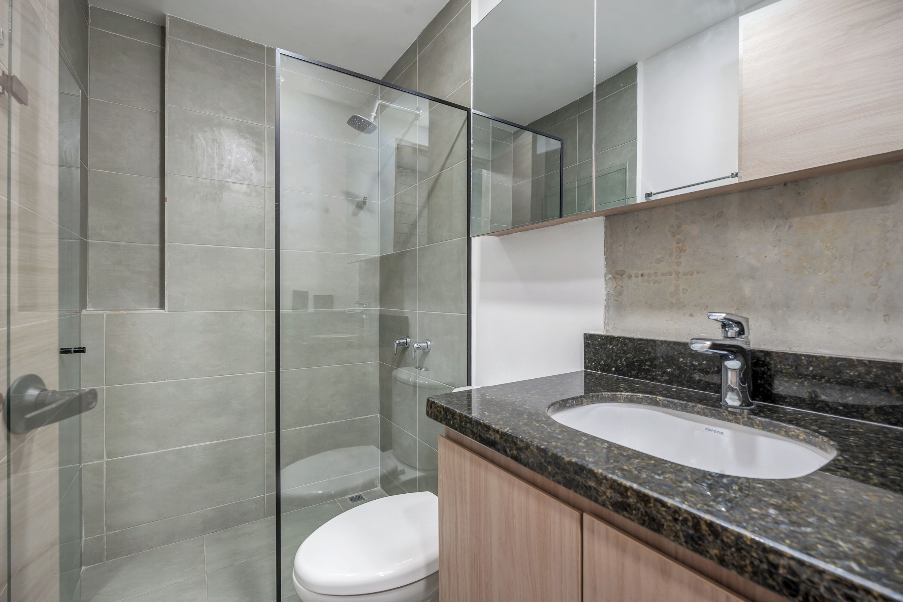 A modern bathroom with a glass-enclosed shower, a white toilet, and a granite countertop sink.