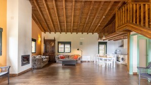 A spacious living area with a high wooden ceiling, a fireplace, a sofa, a dining table with chairs, and a kitchen area.