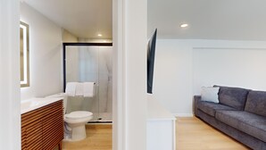 Ein modernes Badezimmer mit Toilette, Dusche und einem grauen Sofa in einem Wohnbereich.