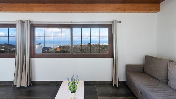 A room with a large window, a sofa, and a small table with a plant.