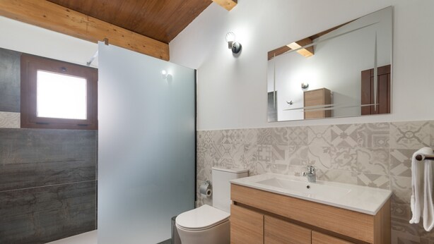 Et badeværelse med toilet, vask, spejl og træloft.