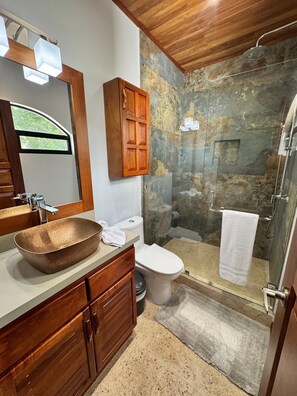 Shower, hair dryer, towels, soap