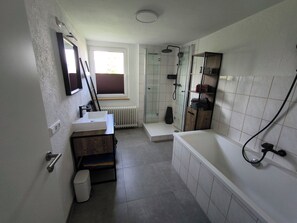 Hair dryer, towels, toilet paper