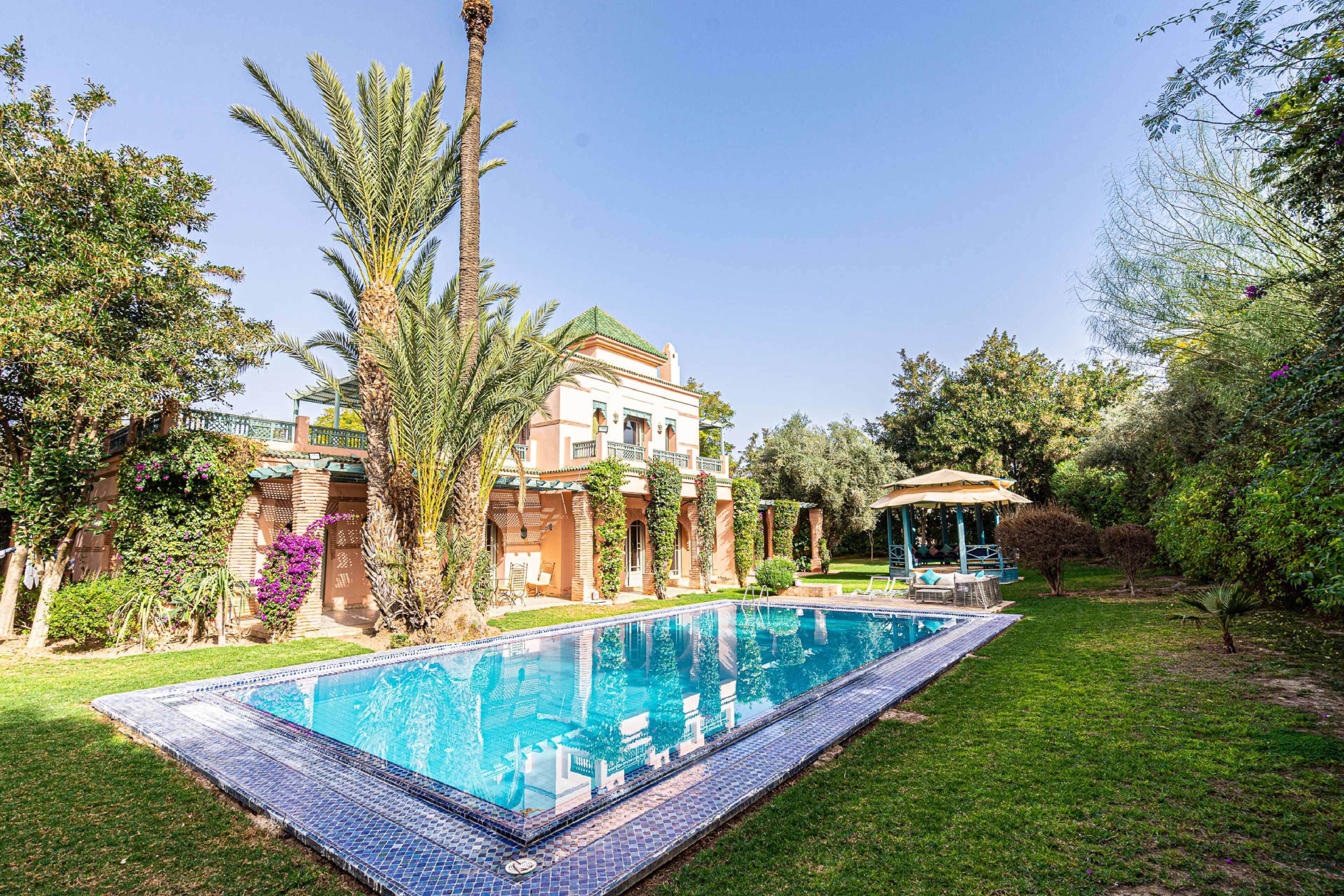 A swimming pool with a tiled edge, surrounded by a well-maintained lawn and palm trees.