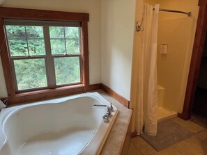 Shower, jetted tub, hair dryer, towels