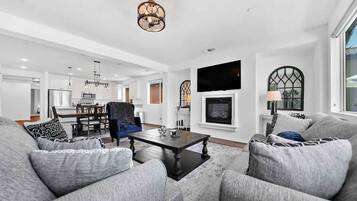 Télévision, cheminée, espaces bureaux