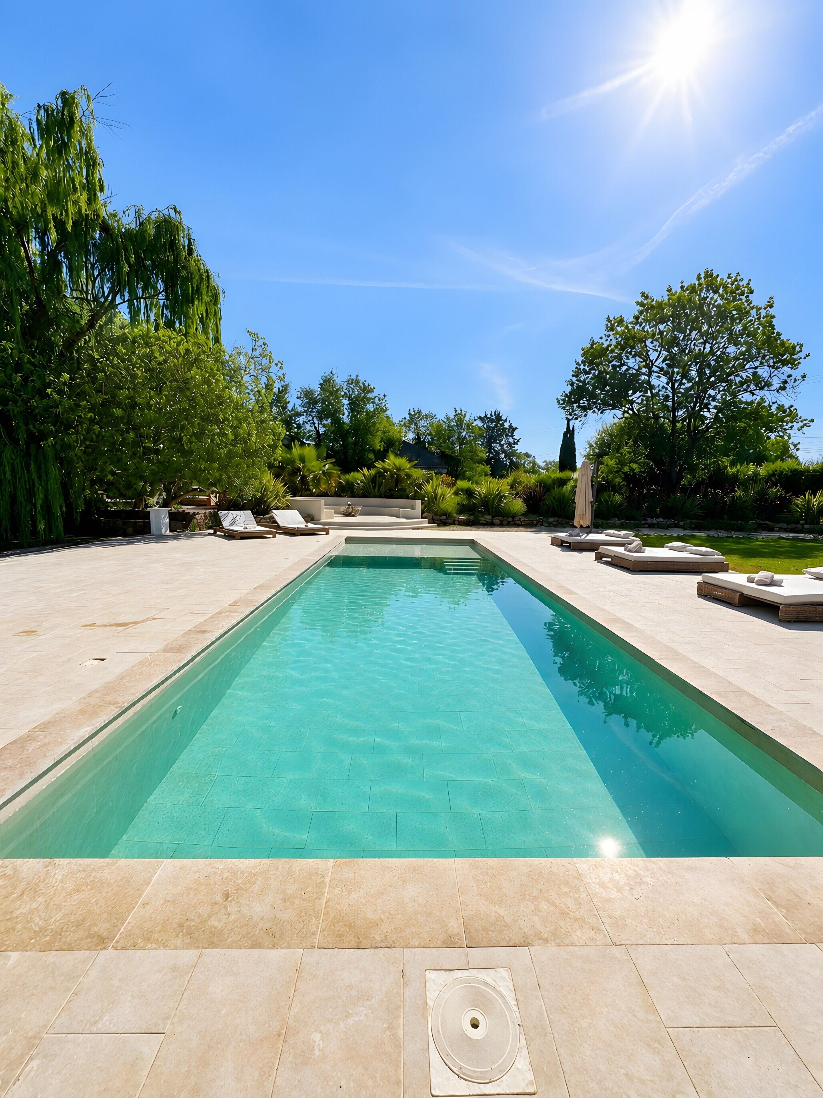 Una piscina rectangular con superficie de agua azul cristalina, rodeada por un solado pavimentado.