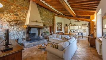 Televisio, takka, pöytätennispöytä