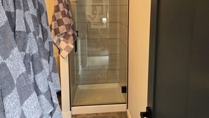 A glass-enclosed shower area with a tiled floor, a towel rack with patterned towels, and a dark door. - Charming studio in fabulous Meridian, Idaho with WiFi, AC, Private entry. (Meridian)