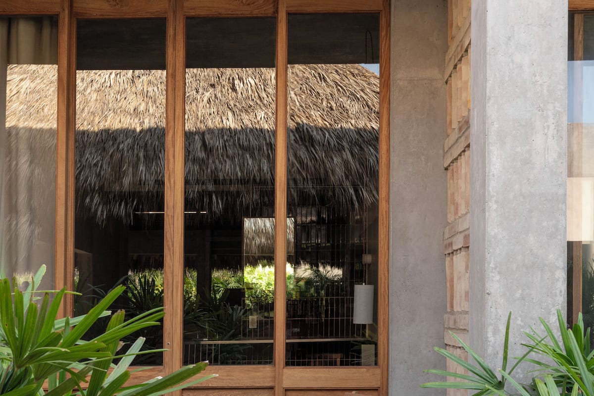 A wooden-framed window with a thatched roof visible through it, a wooden chair outside, and various green plants in the foreground.