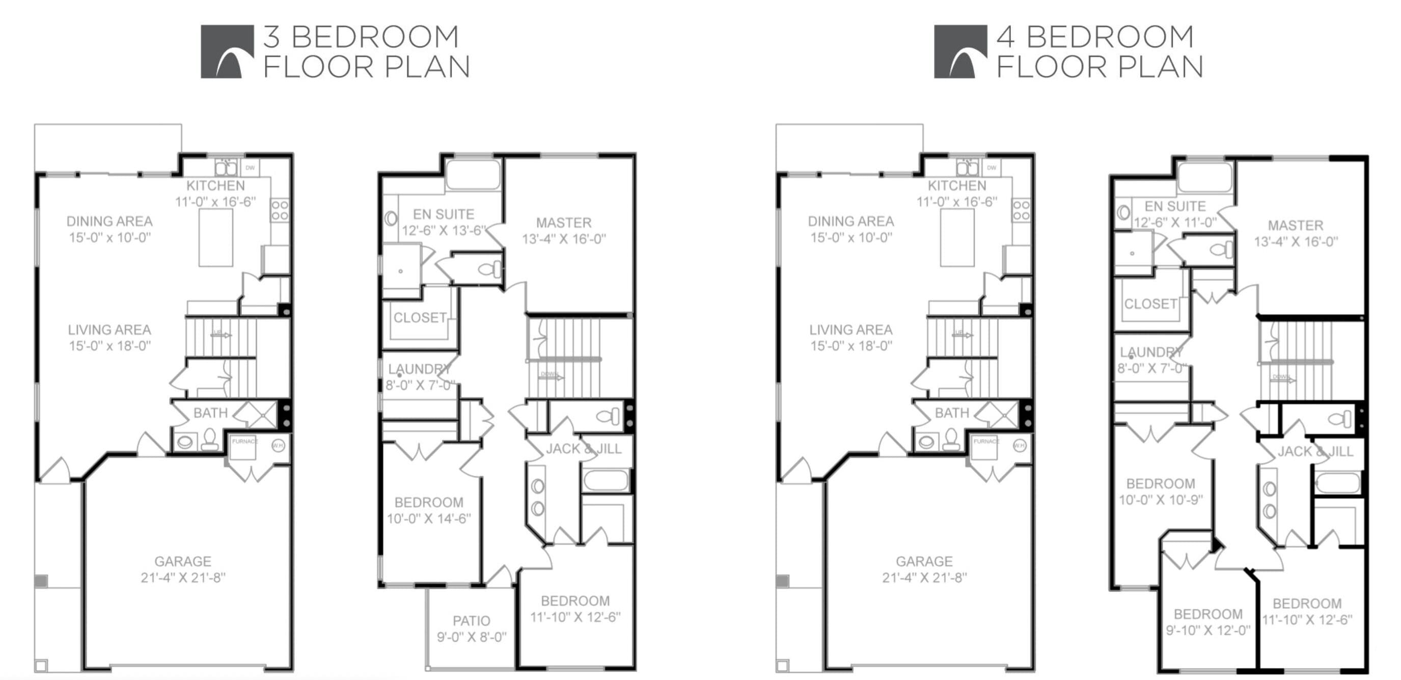 Plattegronden van een appartement met 3 slaapkamers en een appartement met 4 slaapkamers, inclusief afmetingen en indeling van de kamers.