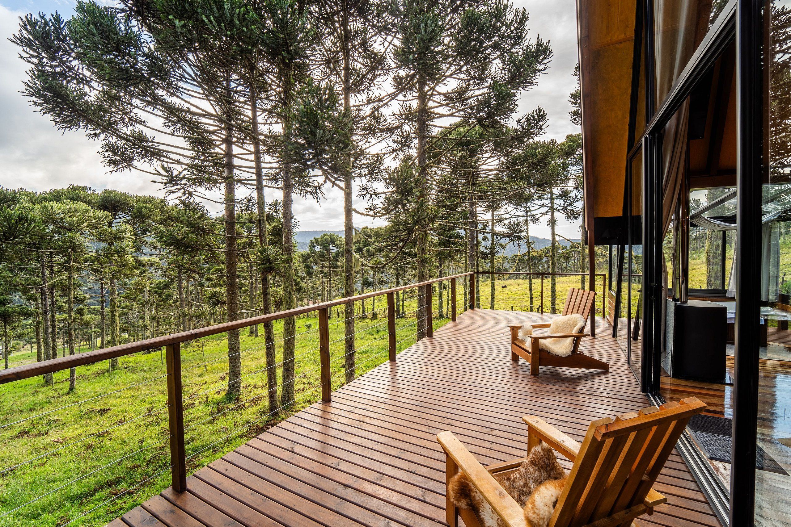 A wooden deck with two wooden chairs, overlooking a forested area with tall trees and a grassy field.