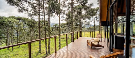 A wooden deck with two wooden chairs, overlooking a forested area with tall trees and a grassy field.