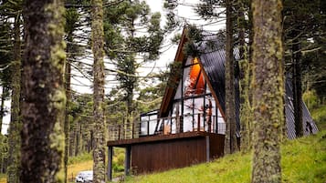 Une cabane en bois avec un toit en pente, entourée de grands arbres et d’une zone herbeuse.