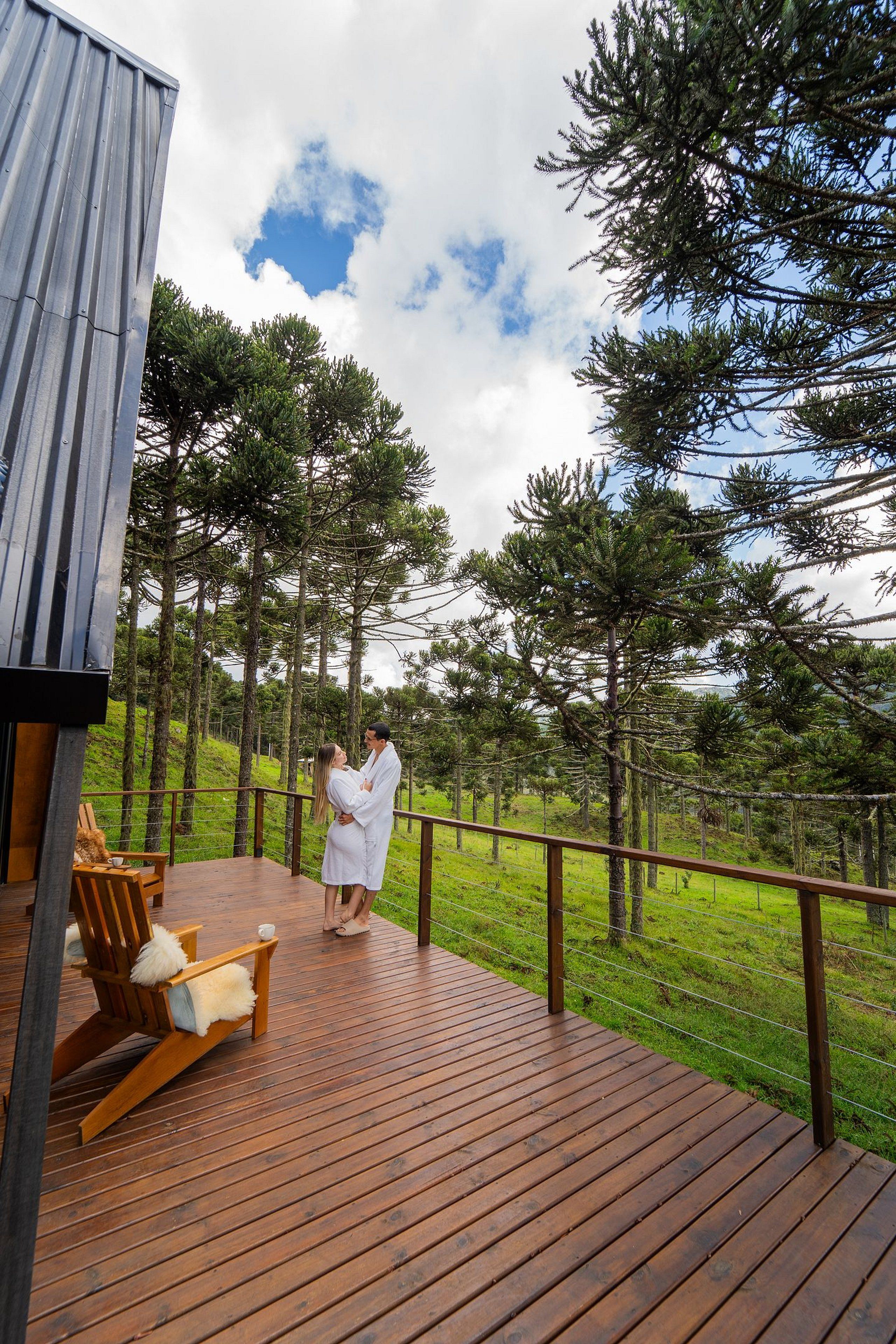Una terraza de madera con barandilla, con vista a un área verde con árboles.