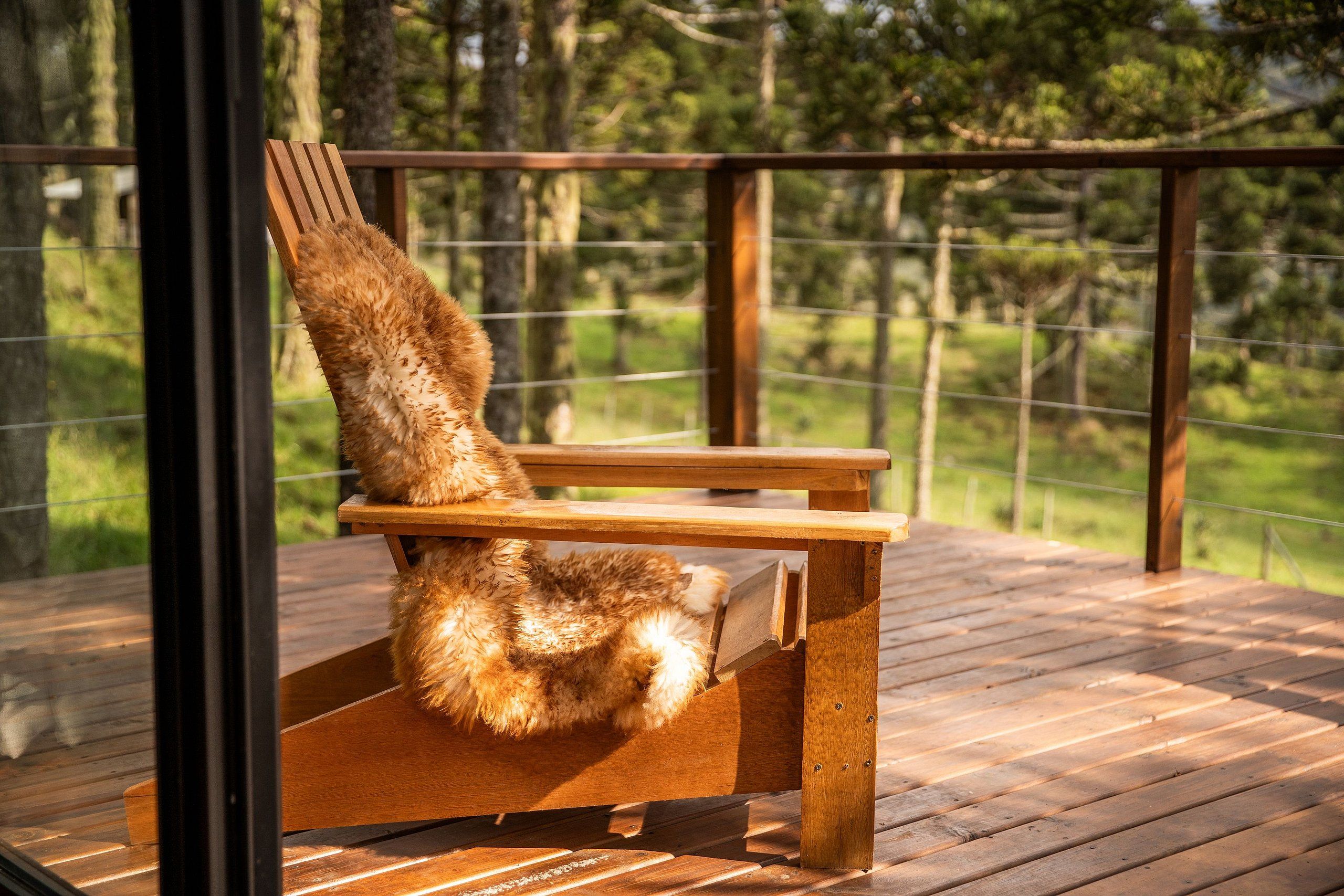 Um deck de madeira com um cão deitado num banco.
