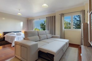 A modern bedroom with a sofa bed, a separate bed, a nightstand, and a window with curtains.