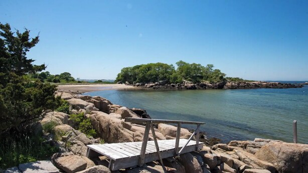 En träbrygga som leder ut till ett stilla vattenområde med en stenstrand och en liten ö med träd.