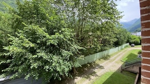 A lush green landscape with a metal fence, a grassy path, and a stone bridge. - Magnificent 3 stars flat (Aulus-les-Bains)