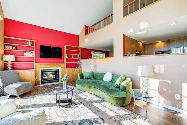 TV, fireplace, books