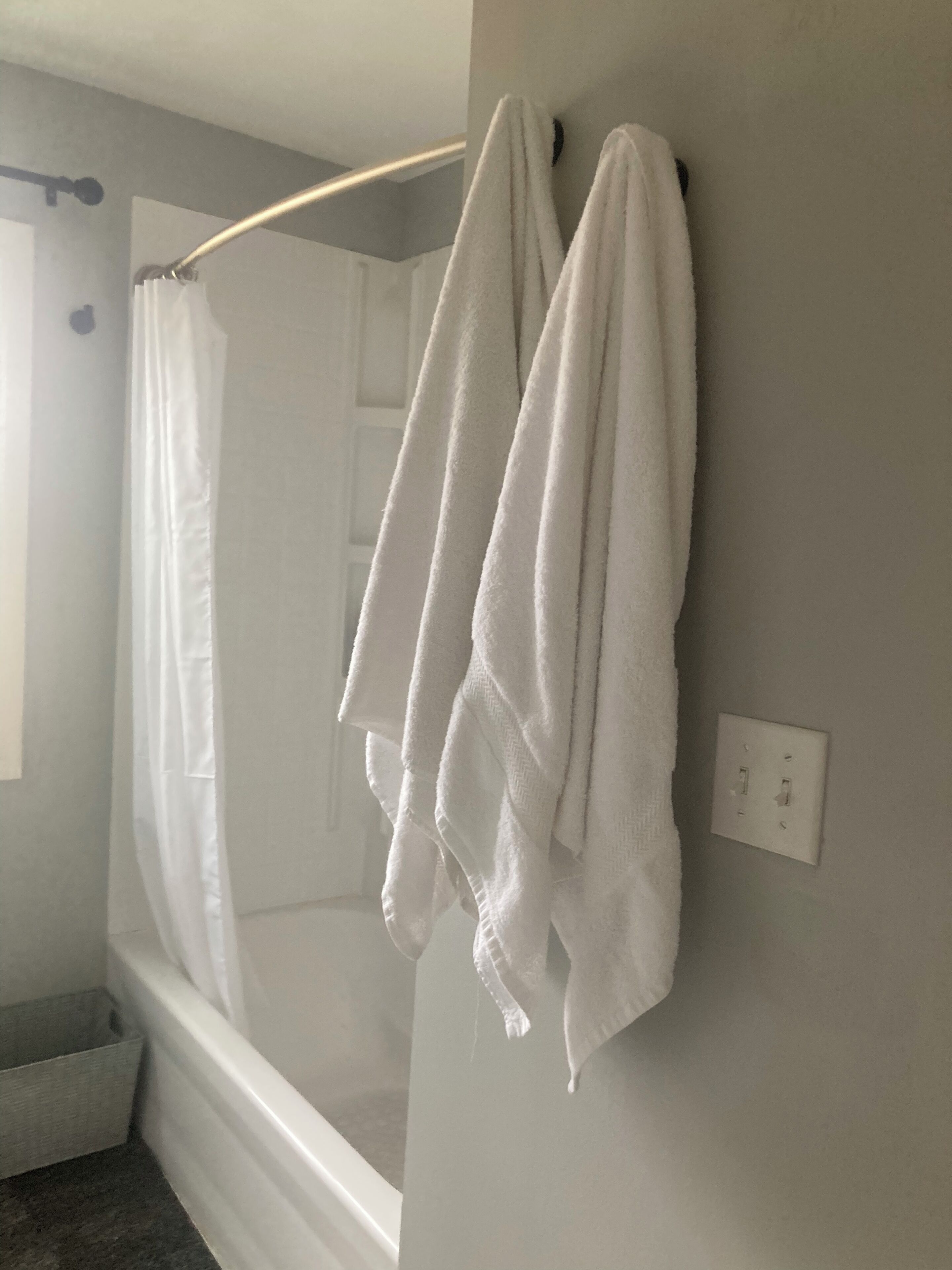 Hair dryer, towels, soap, shampoo