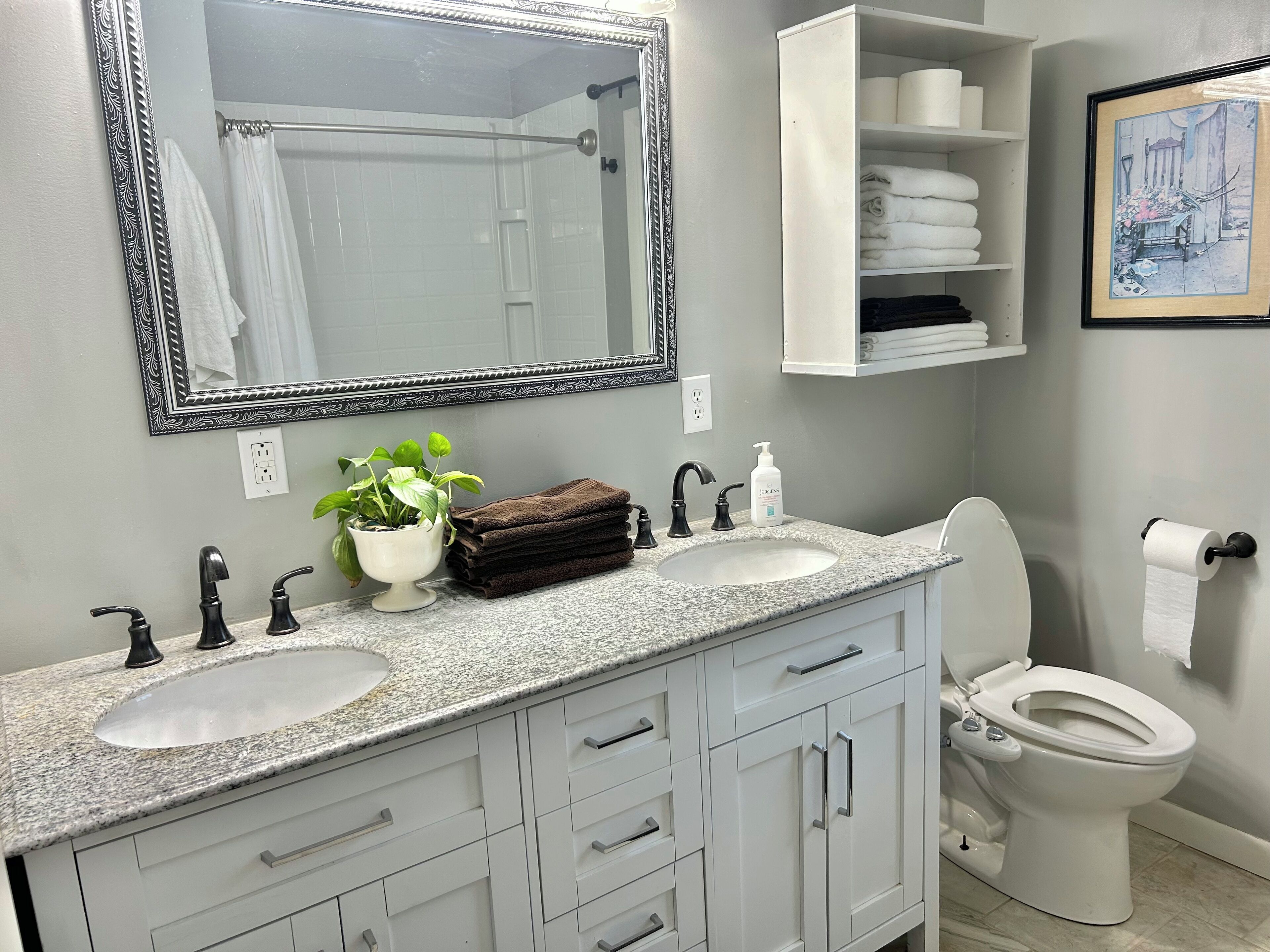Hair dryer, towels, soap, shampoo