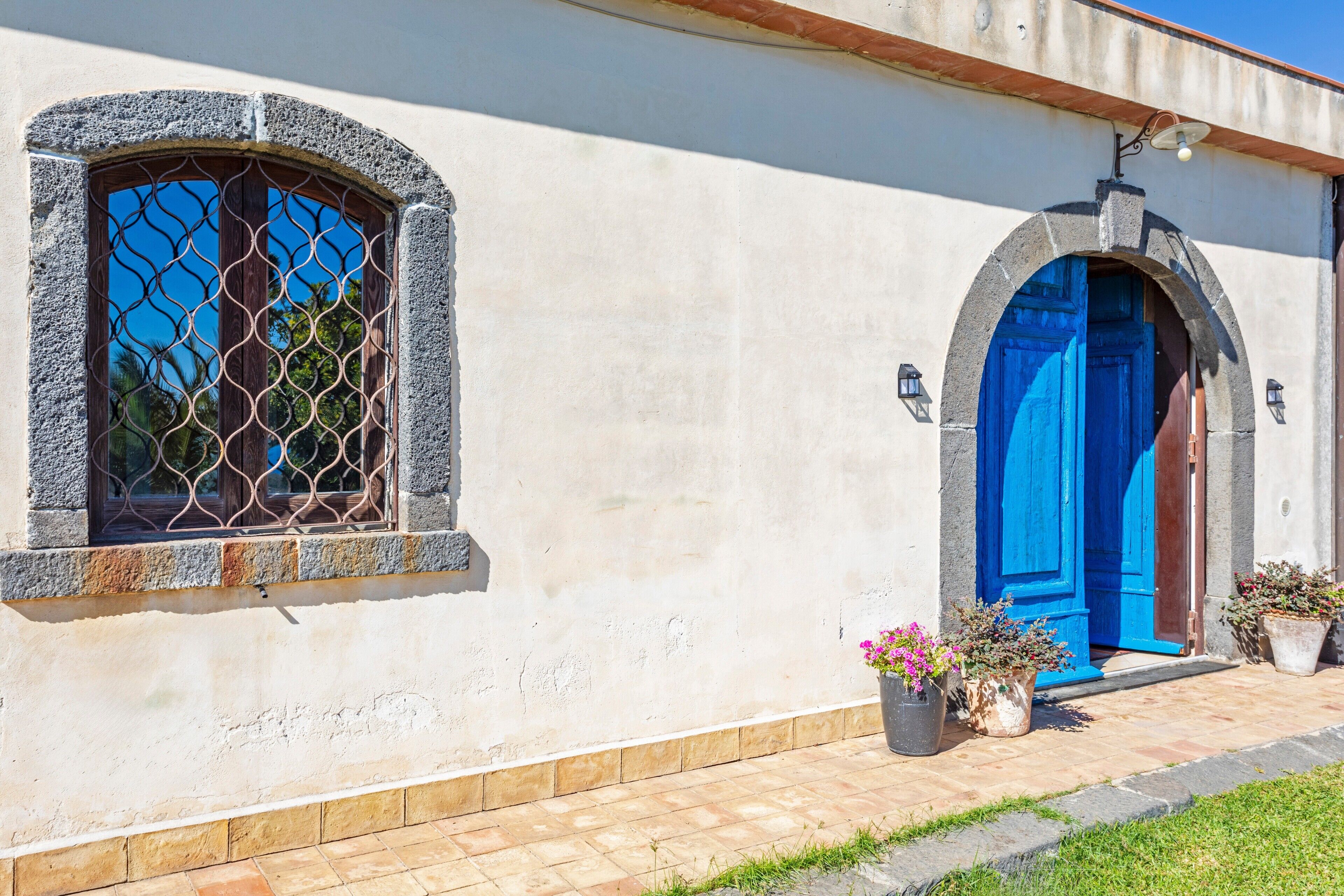 Un edificio con puerta azul, una ventana con rejas y plantas en macetas en el suelo.