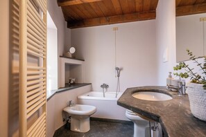 Shower, hair dryer, bidet, towels