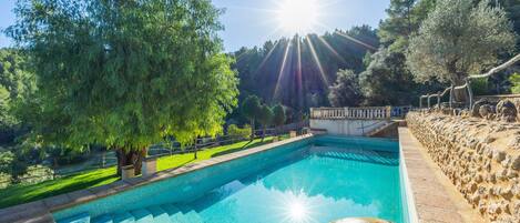 Una piscina con borde de piedra, rodeada de árboles y un muro de piedra.
