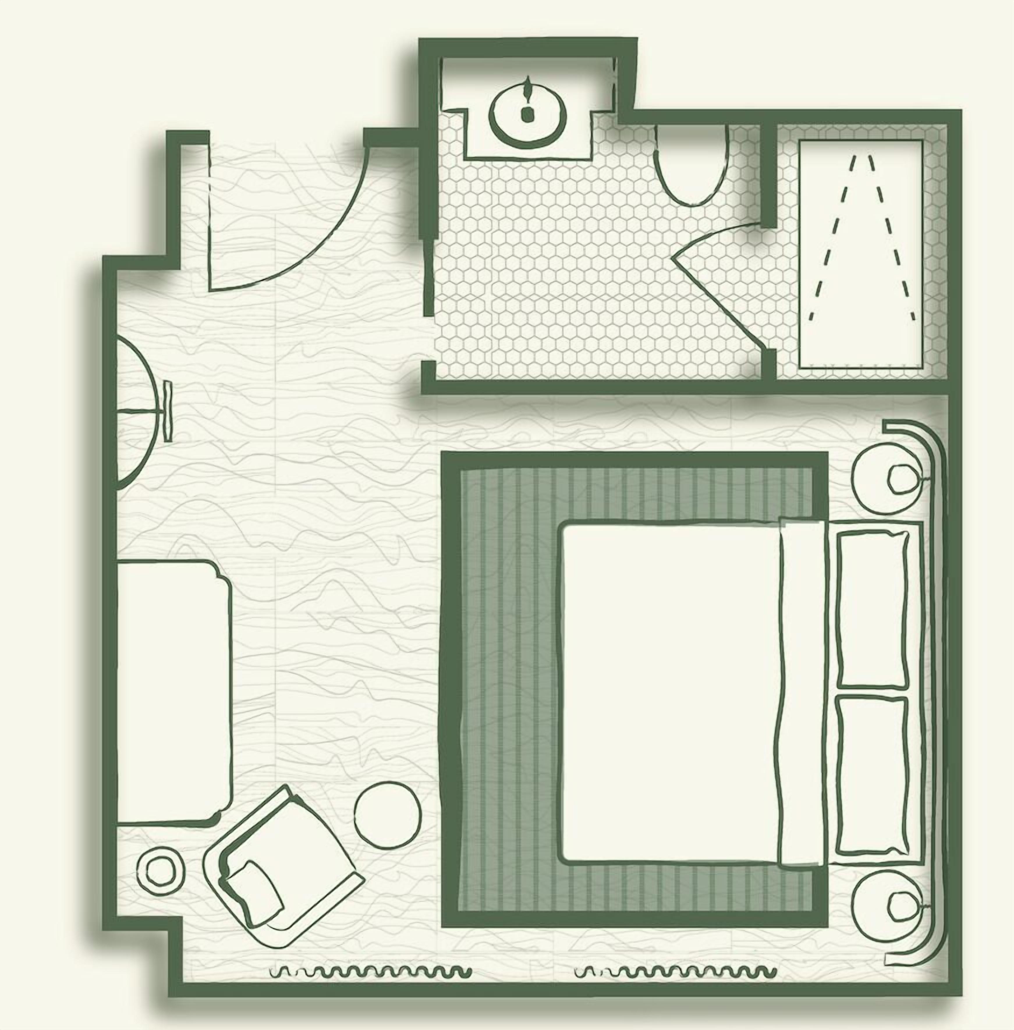 A floor plan with a large central bedroom, a bathroom, a kitchen, and a small dining area.