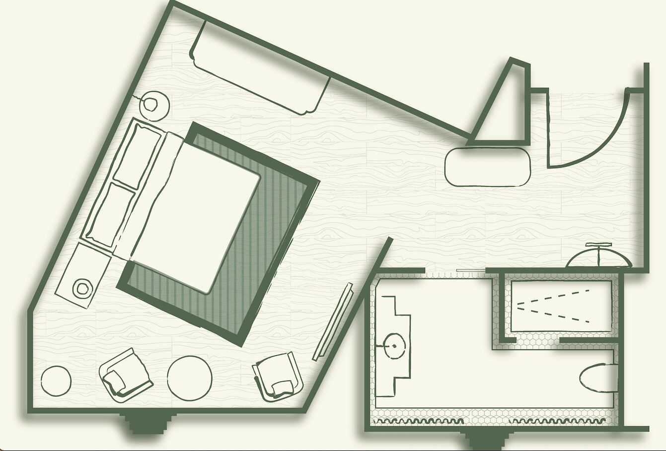 A floor plan of a hotel room with a large bed, a small bathroom, and a seating area with a table and chairs.