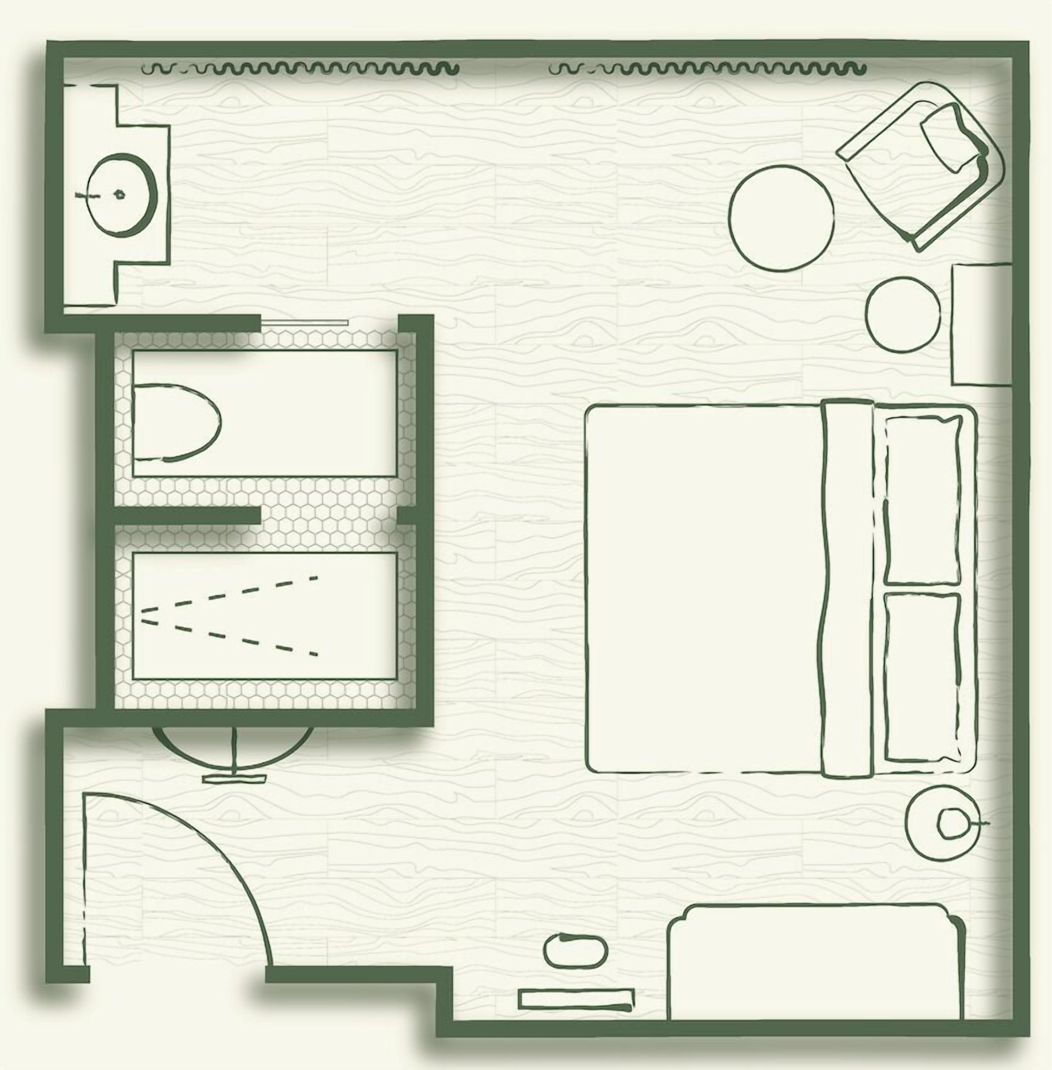 A floor plan of a hotel room with a bed, a desk, a chair, a small table, and a toilet.