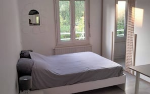 A bedroom with a single bed, a window with a view of greenery, a radiator, and a small mirror on the wall. - Apartment "Chez Gaston" with Garden (Bourges)
