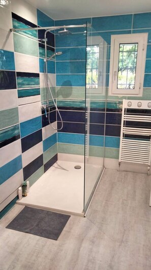 Shower, hair dryer, towels
