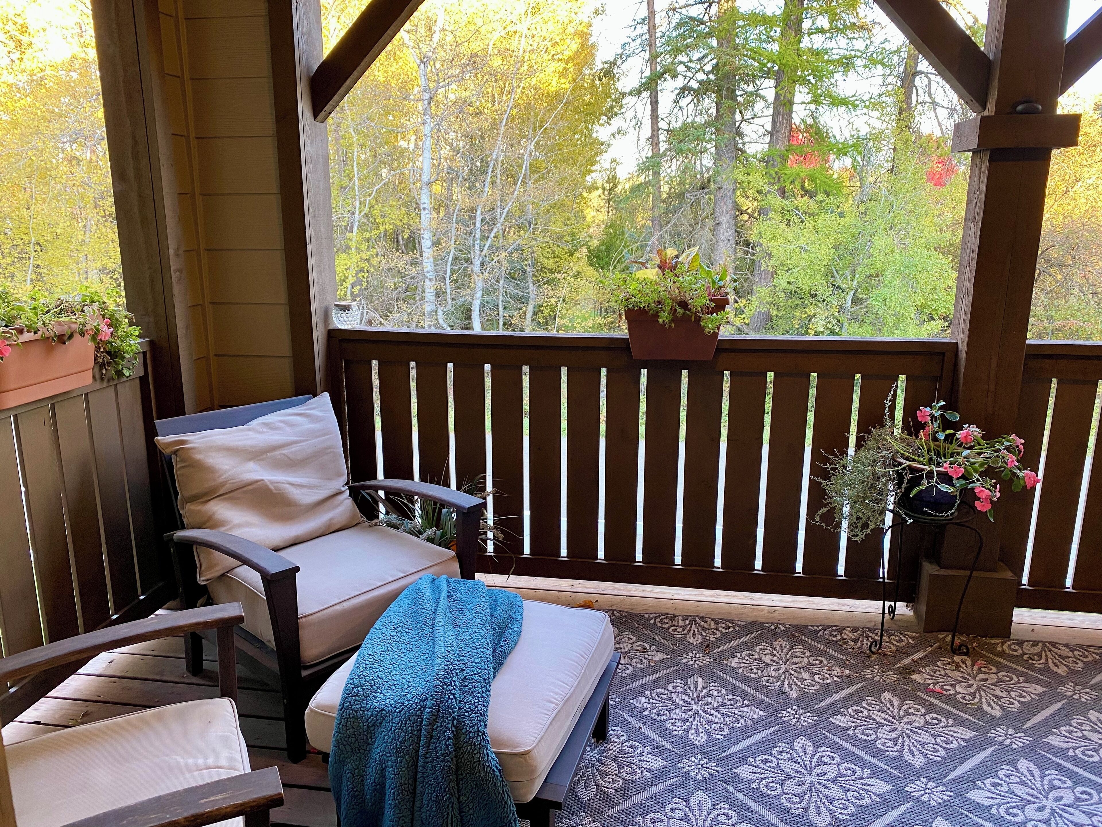 A covered outdoor seating area with a bench and a cushioned chair, a patterned rug, and potted plants.