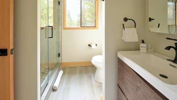 A modern bathroom with a glass shower enclosure, a toilet, and a sink with a mirror.