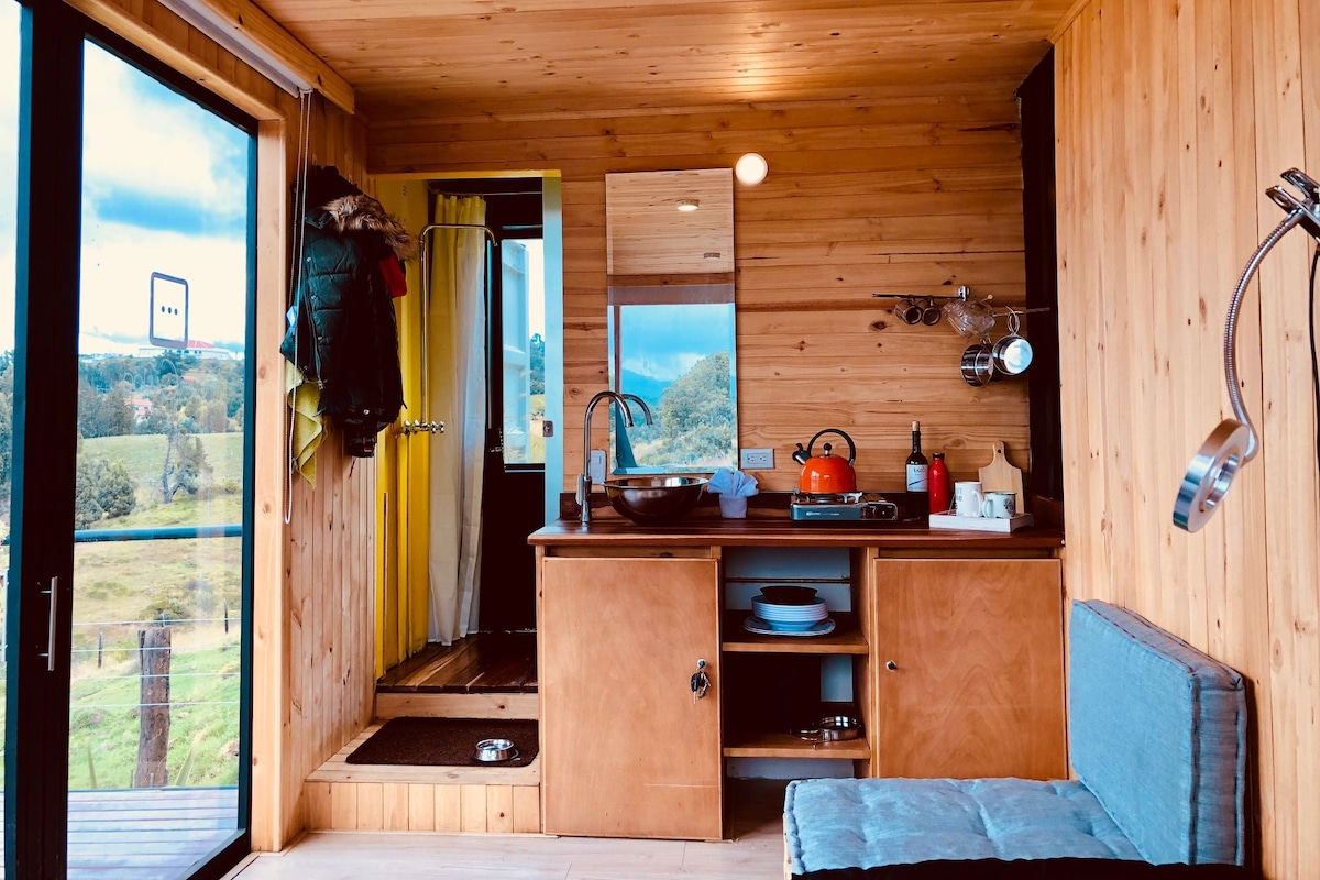 A compact wooden cabin with a kitchenette, a small seating area, and a view of the outdoors.