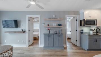 Fridge, microwave, stovetop, coffee/tea maker