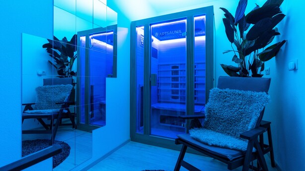 A modern room with a glass door leading to a sauna area, a wooden chair, and a large potted plant. - ALP DELUXE - Family-friendly and quiet vacation apartment with sauna & terrace (Weißenhorn)