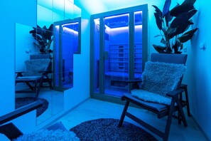 A modern room with a glass door leading to a sauna area, a wooden chair, and a large potted plant.