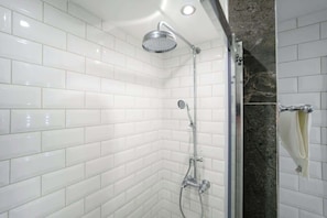 Shower, hair dryer, shampoo