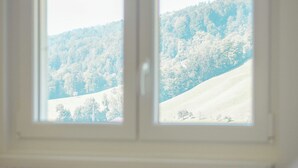 A room with a bed and a window overlooking a snowy landscape.