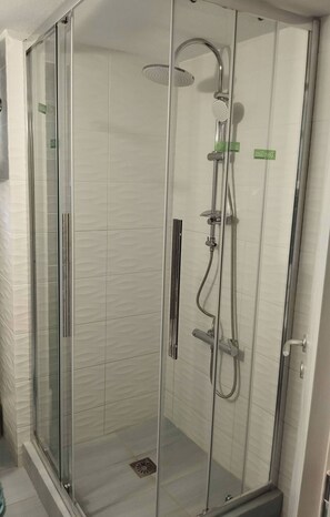 Hair dryer, towels, soap, shampoo