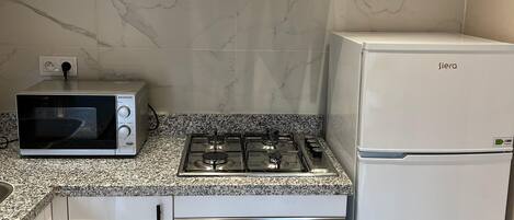 Fridge, microwave, oven, coffee/tea maker