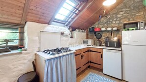 Une cuisine compacte équipée d’une cuisinière à gaz, d’un réfrigérateur blanc, d’un four à micro-ondes et d’un mur en pierre.