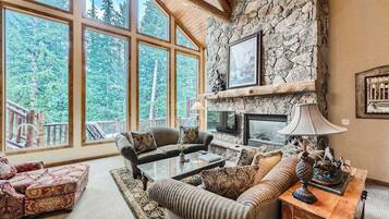 House, Multiple Beds, Hot Tub, Mountain View (Riverwood Lodge) | Living area | 50-inch flat-screen TV with digital channels, fireplace